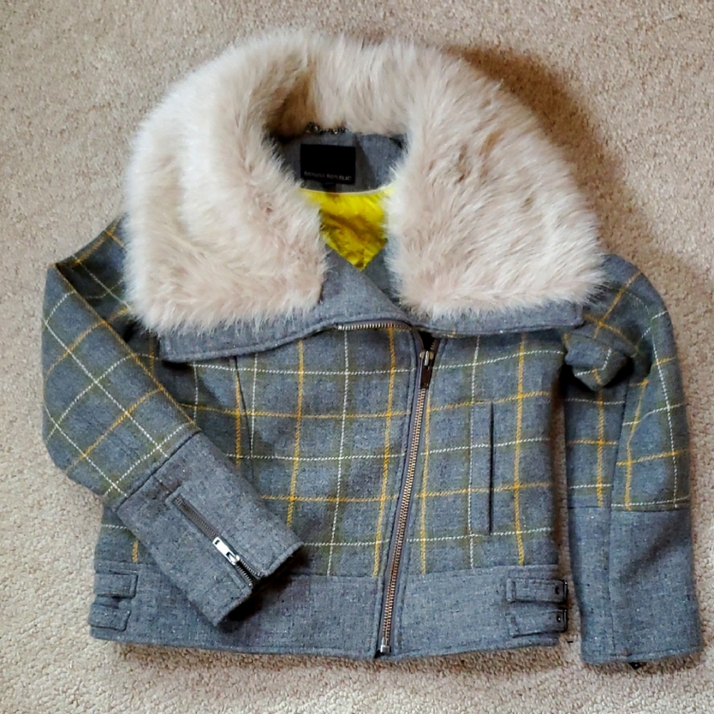 EUC Banana Republic Plaid Wool Moto Coat Faux Fur Small